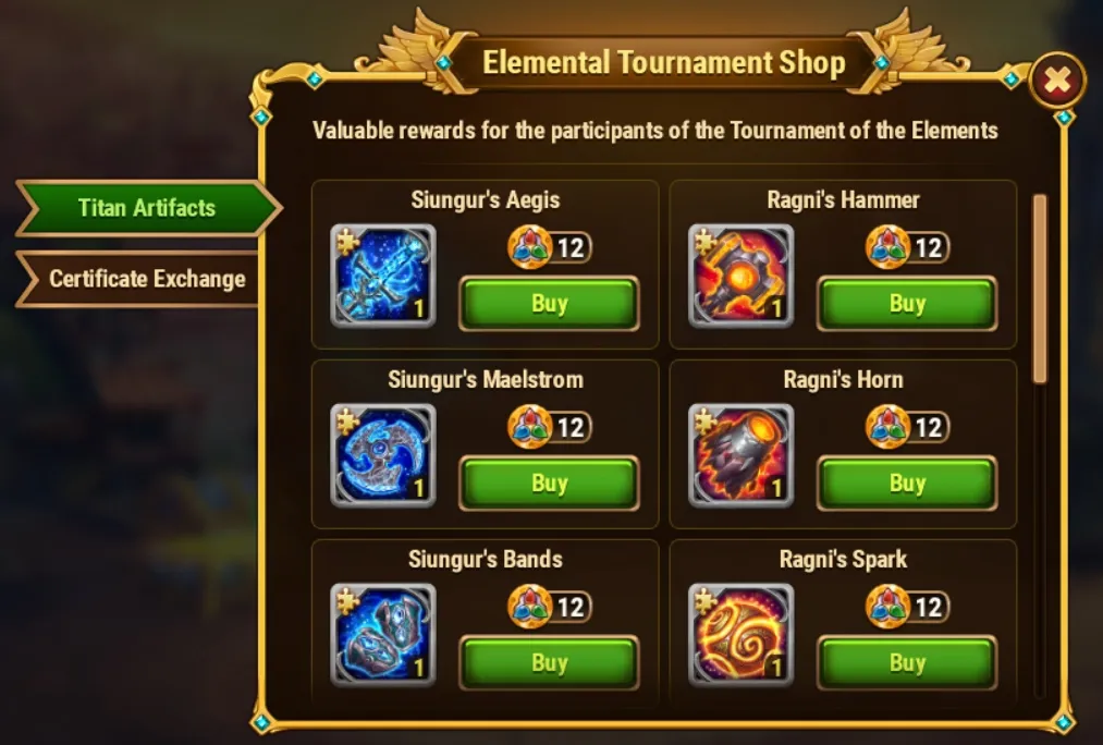 Hero Wars Elemental Tournament Shop