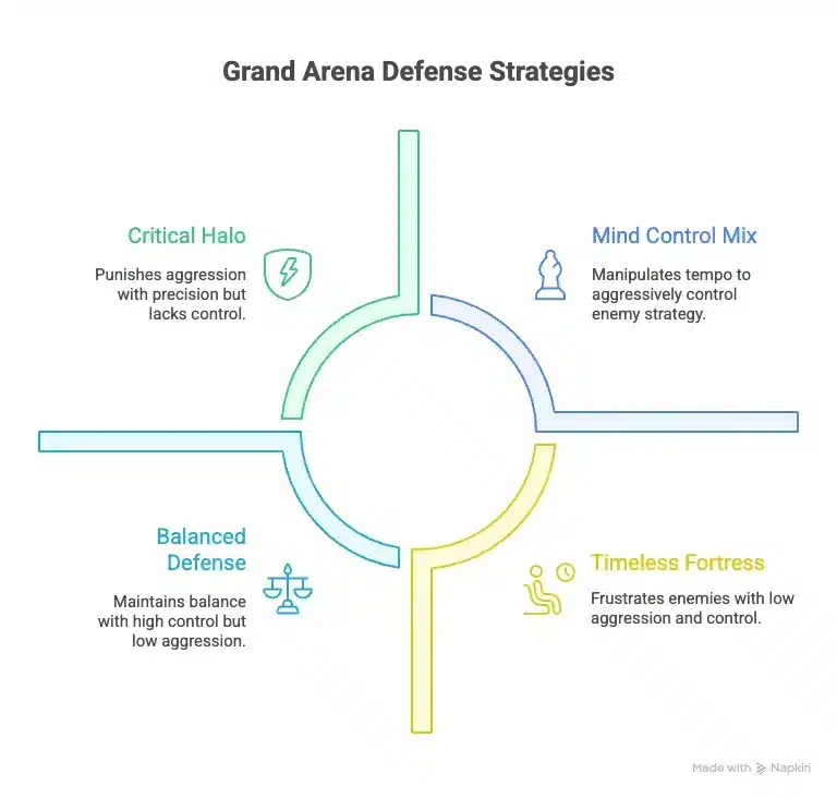 Grand arena top 3 defenses info-graphics