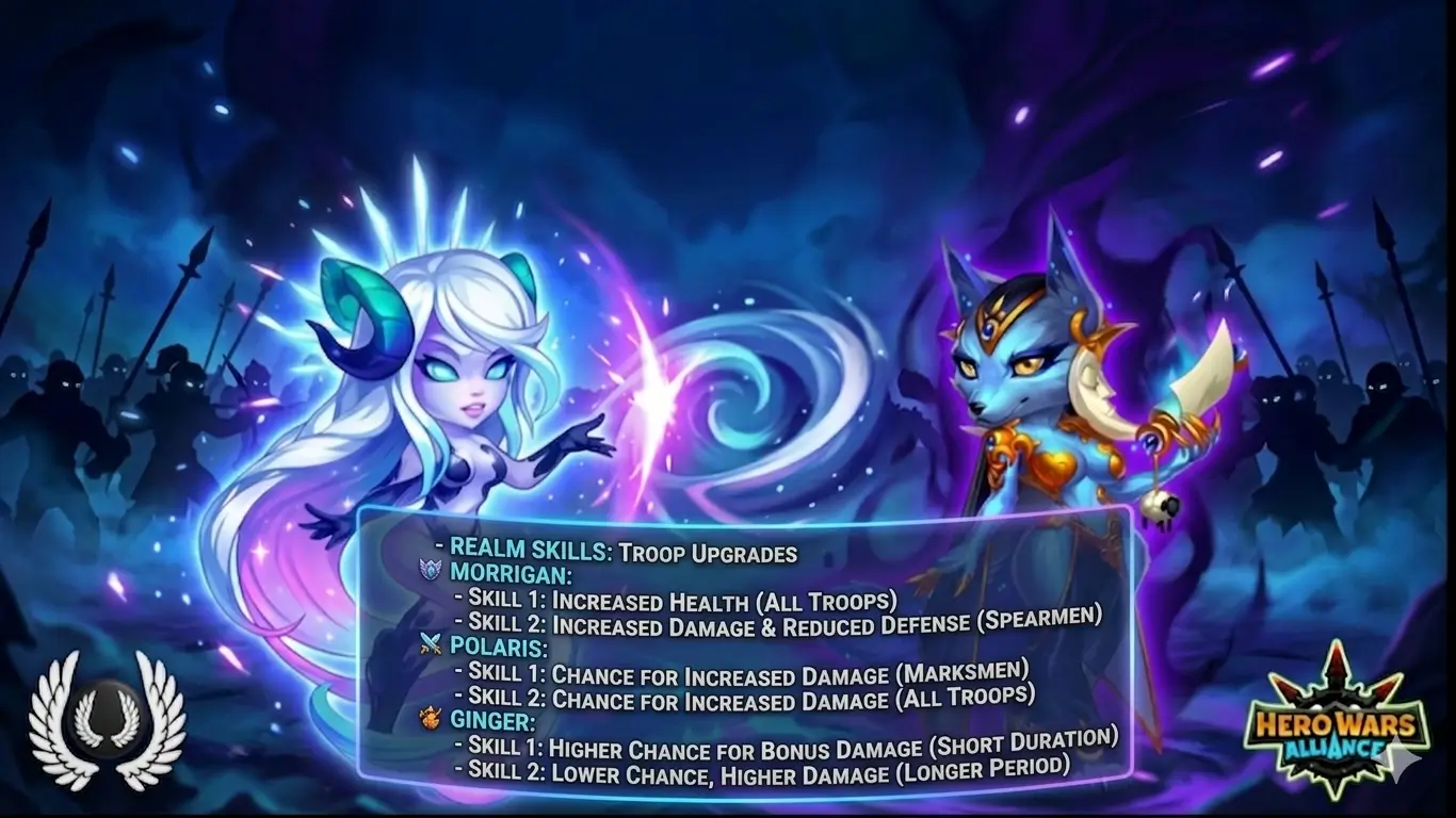 Realm Skills explained stat breakdown for Morrigan and Polaris