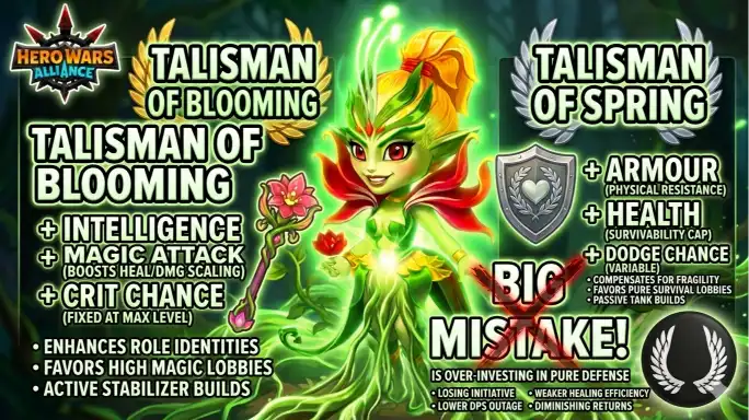 Maya talisman stat comparison between Blooming and Spring options for Hero Wars Alliance