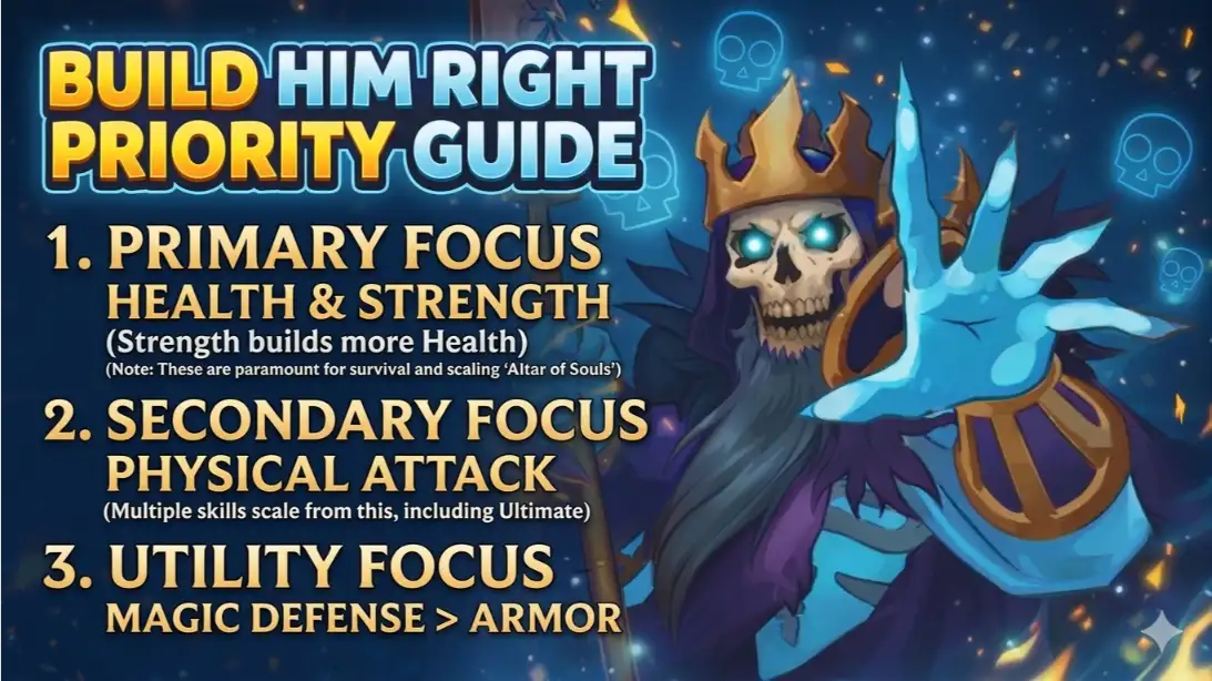 Corvus Priority Build Guide stat priorities — Health, Physical Attack, Strength for Hero Wars Dominion Era