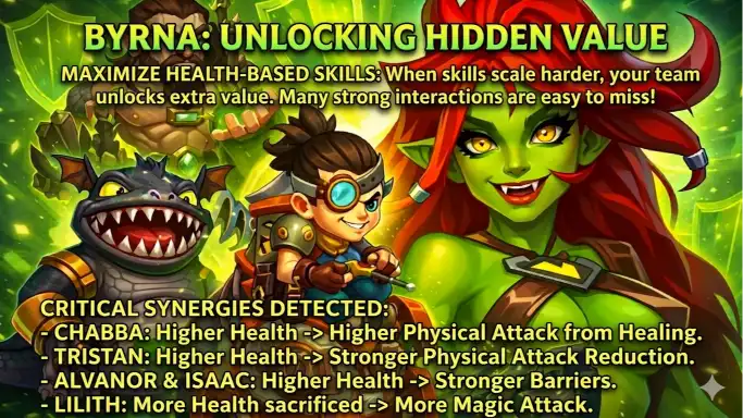 Hero Wars Byrna synergy stats and team scaling — Dominion Era