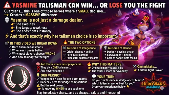 Yasmine Talisman stats comparison — Vengeance vs Dancer in Hero Wars Alliance
