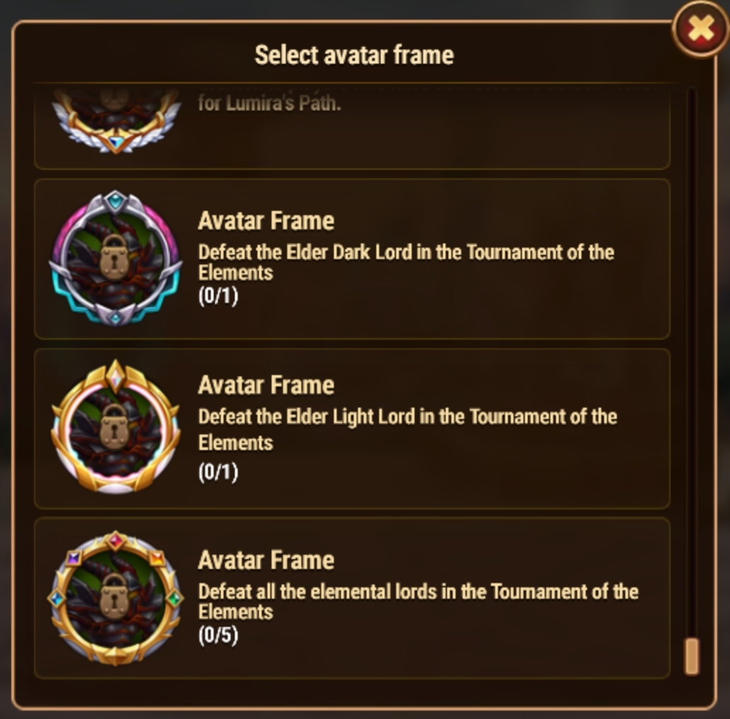 New Elemental Tournament avatar frames for defeating the Elder Lords