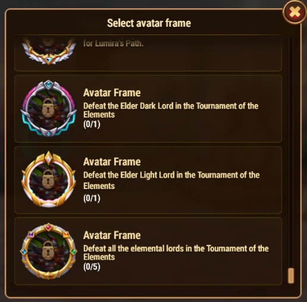 New Elemental Tournament avatar frames for defeating the Elder Lords