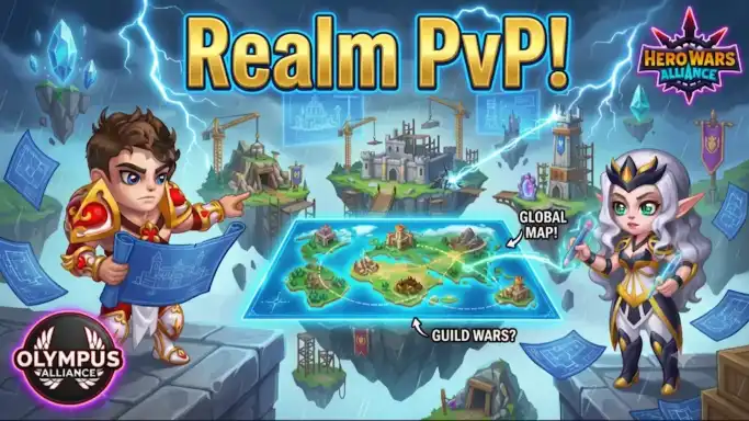Hero Wars Realm Revolution global map with mines, teleportation, and base positioning