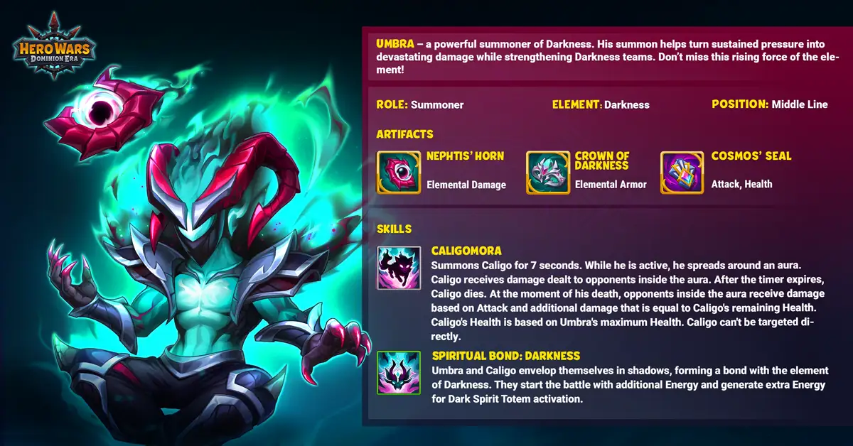 Hero Wars Umbra First Look official stat card showing role, element, artifacts, and skills