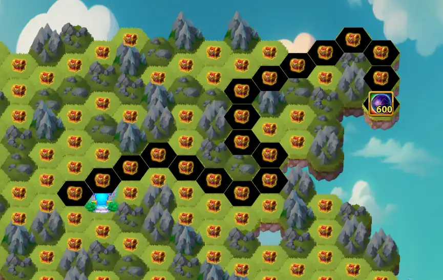 Hero Wars July Map Tower 1 Black Path 600 Titan Artifact Spheres 19 Moves