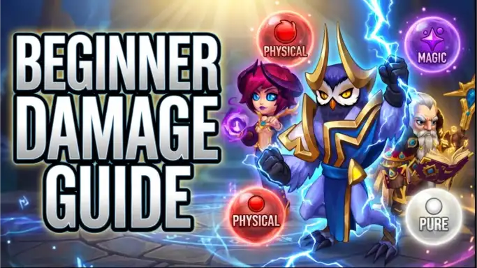 Hero Wars Damage Types Guide showing physical, magic, and pure damage orbs