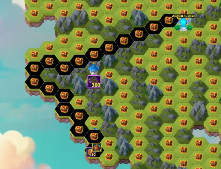 August Mysterious Island Guide Tower 9 Black Path 150 Large Skin Stone Chests 18 Moves