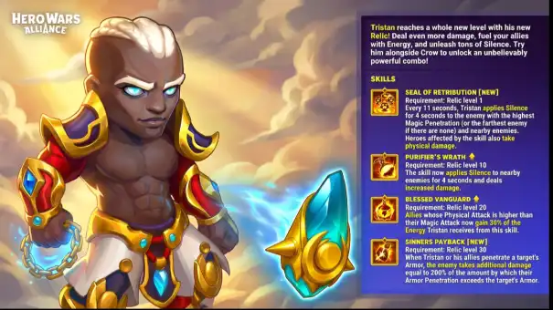 Tristan Relics First Look official stat overview for Hero Wars Alliance