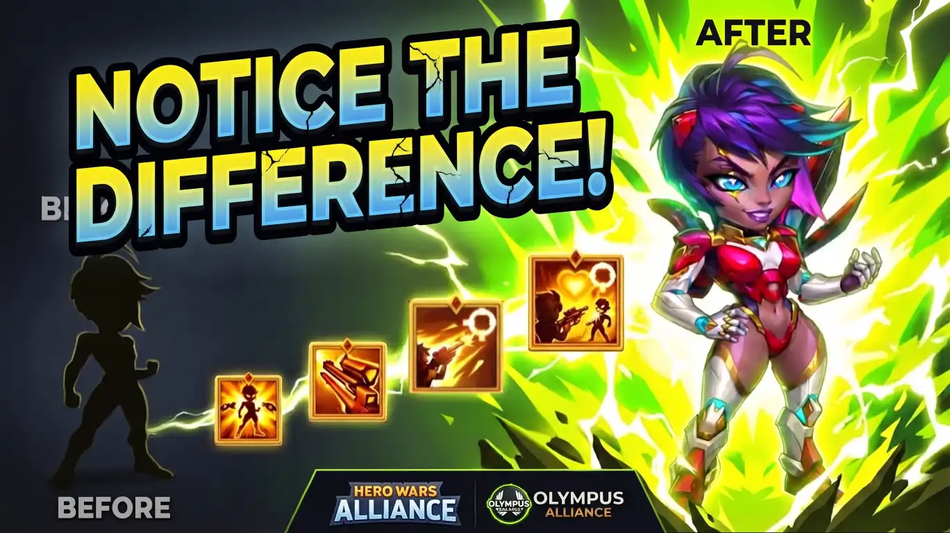 Eva Relics Evolution explained — before and after Legendary Relic upgrade comparison in Hero Wars Alliance