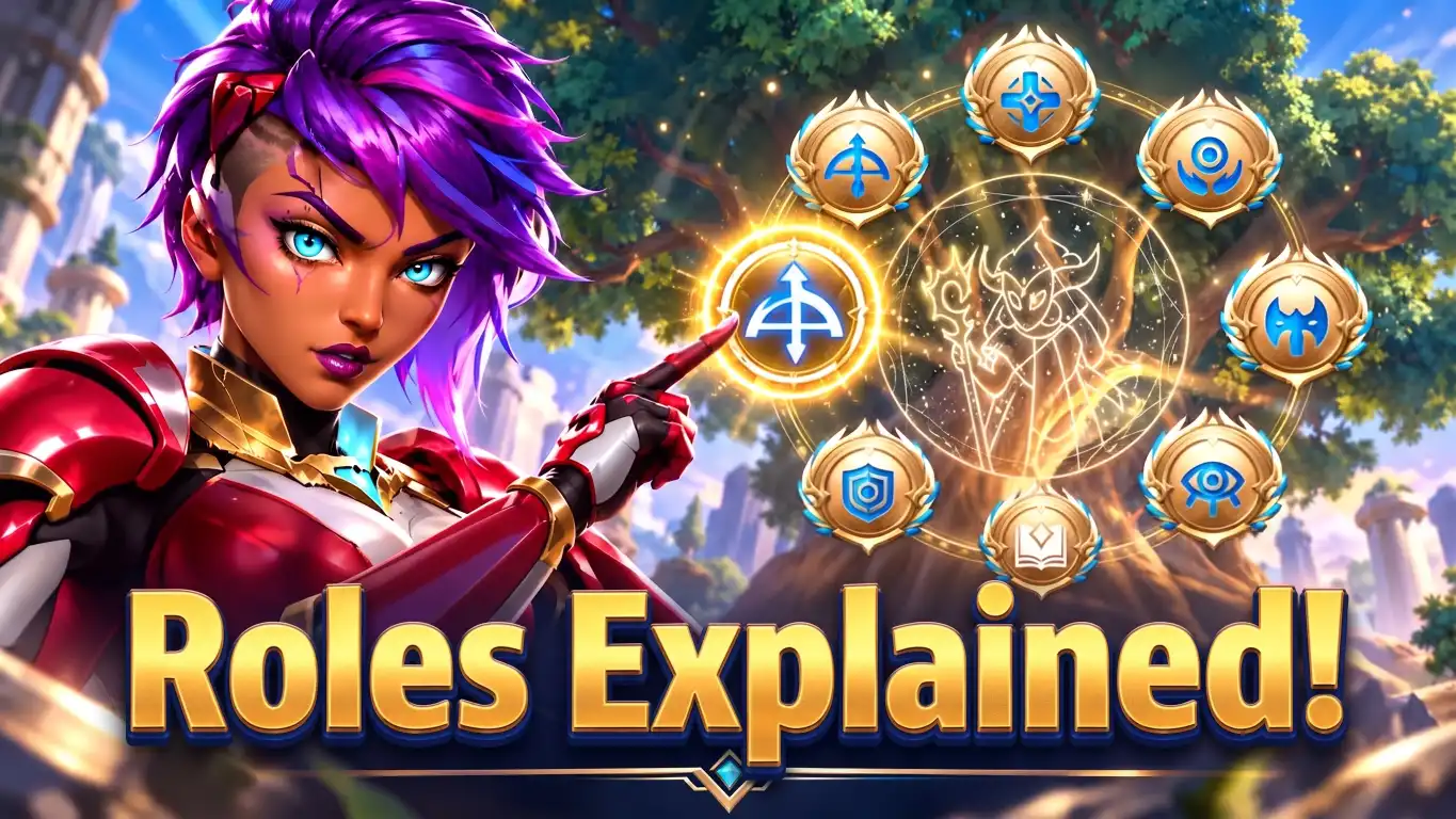 Hero Wars Roles Guide showing all seven hero roles in Dominion Era