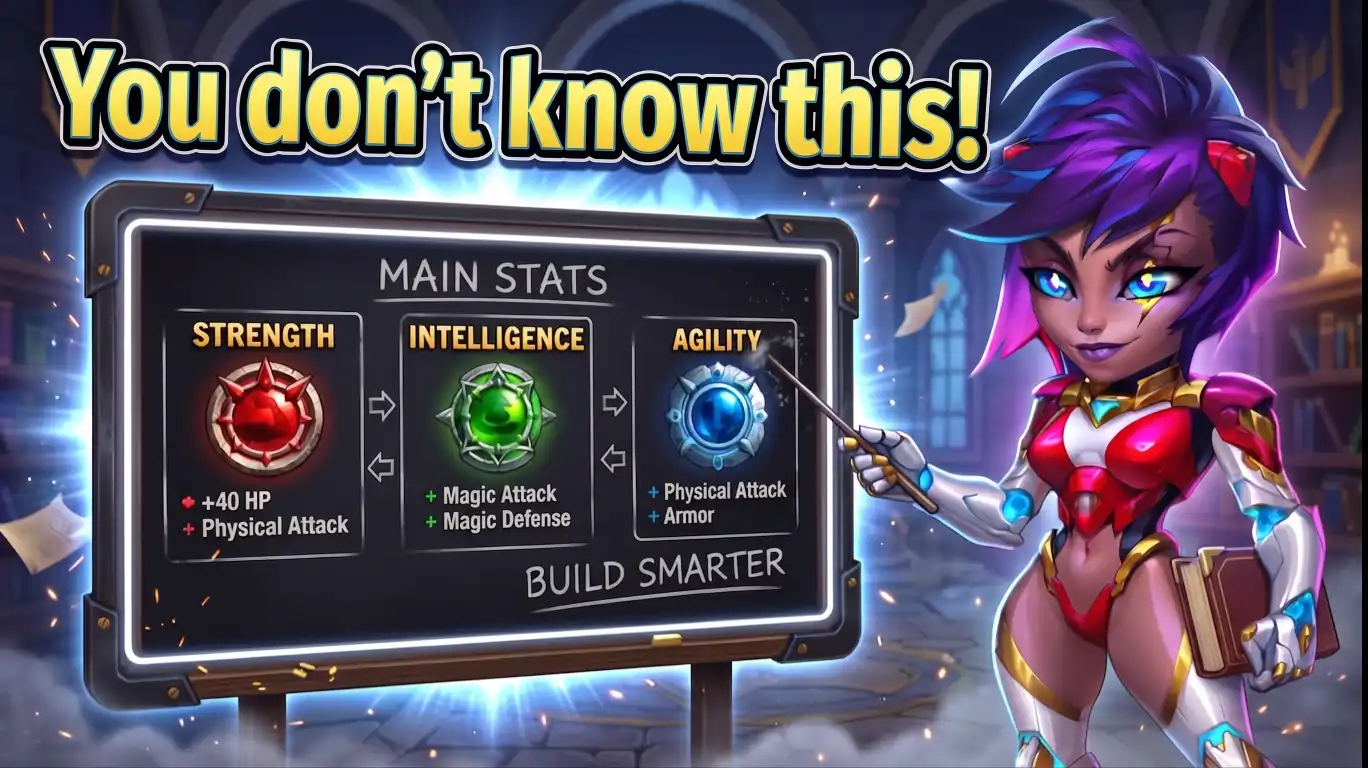 Hero Wars Stat Explained main stats board showing Strength, Intelligence and Agility