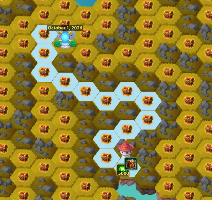 October Mysterious Island Guide Tower 5 Light Blue Path 5000 Emeralds War Flag Chest 13 Moves