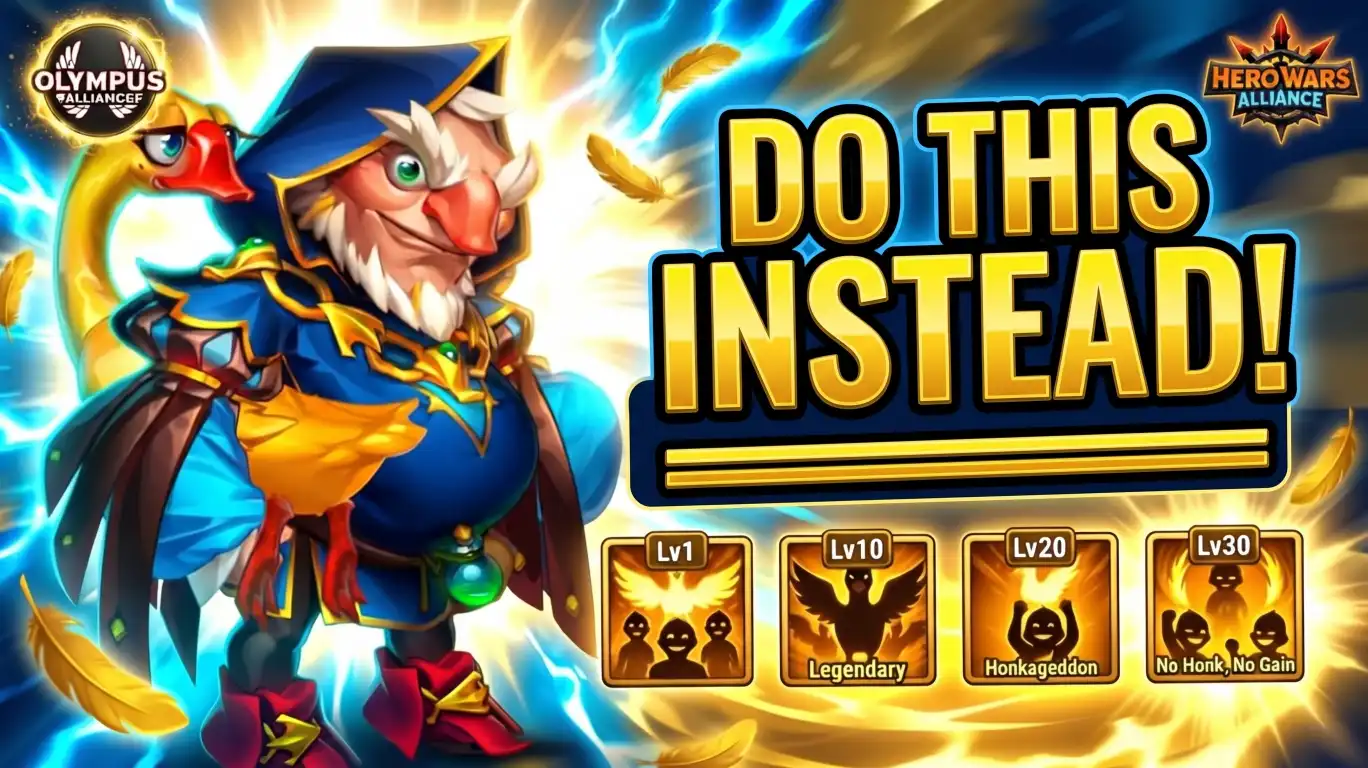 Guus Relics build guide showing Relic levels 1, 10, 20 and 30 in Hero Wars Alliance