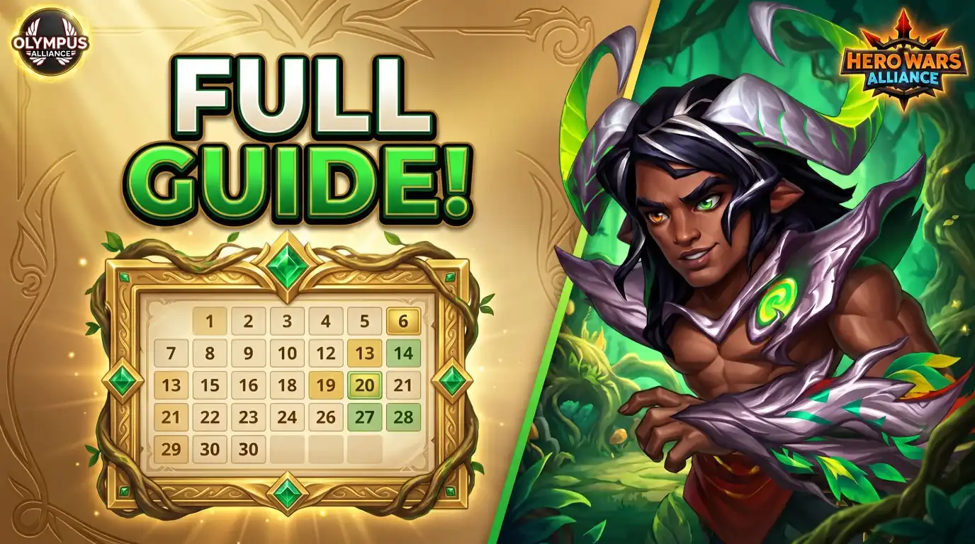Mighty Roots Season Guide calendar for Hero Wars Alliance featuring Wodryn