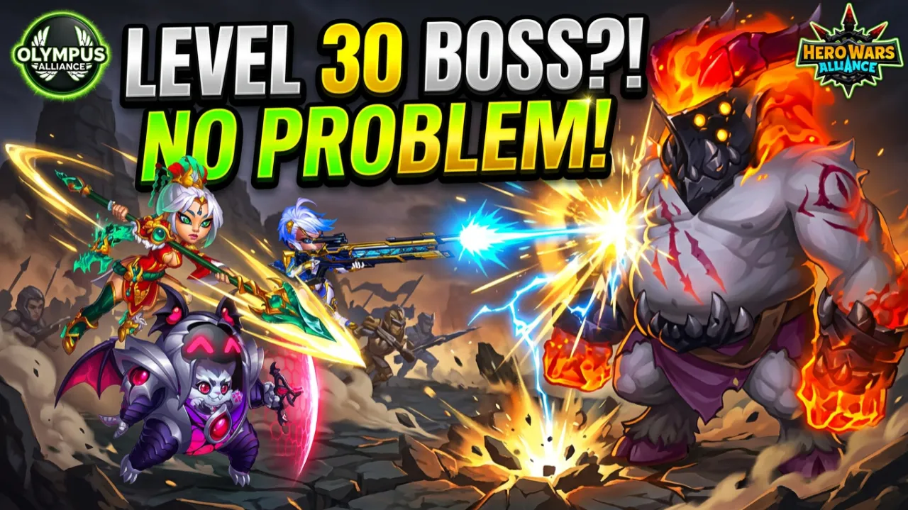 Realm Boss Skill Guide - Julius, Qing Mao, Jhu, Mojo and Eva rally team against a Level 30 Realm Boss in Hero Wars Alliance